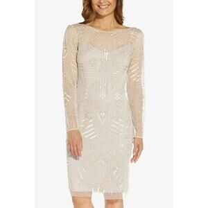 Adrianna Papell Sequin Beaded Cocktail Sheath Dress Biscotti Size 10 NWT